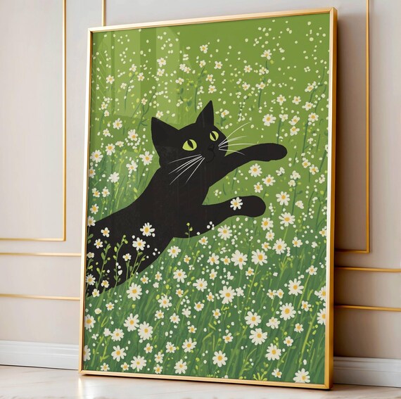 Black Cat Leaping Through Daisies Whimsical Meadow Animal Poster