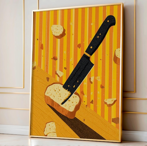 Bread Knife Quirky Retro Kitchen Striped Yellow Playful Food Poster