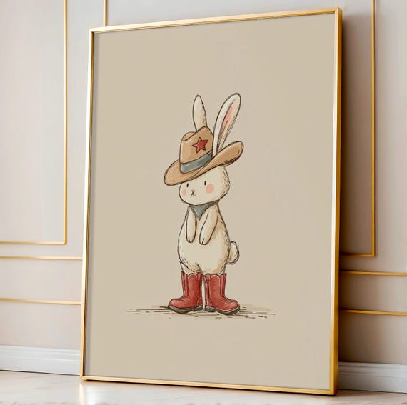 Bunny Cowboy Wall Art Cute Illustration For Nursery Decor Kids Room Playroom Whimsical Animal Drawing