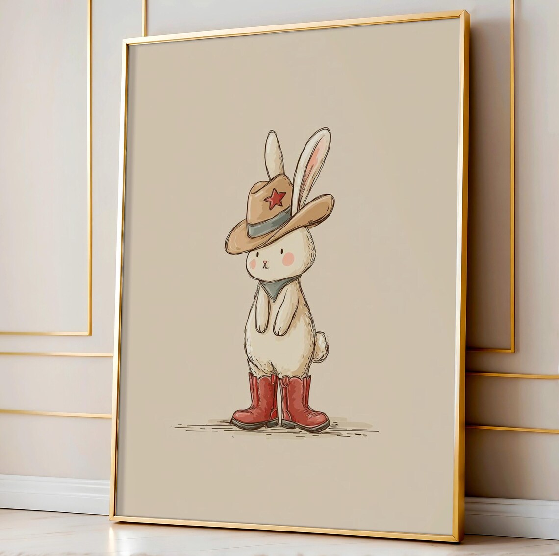 Bunny Cowboy Wall Art Cute Illustration For Nursery Decor Kids Room Playroom Whimsical Animal Drawing