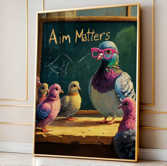 Aim Matters Print Pigeon Teaching Poop Etiquette To Birds Hilarious Bathroom Funny Art For Bird Lovers Comedic Wall