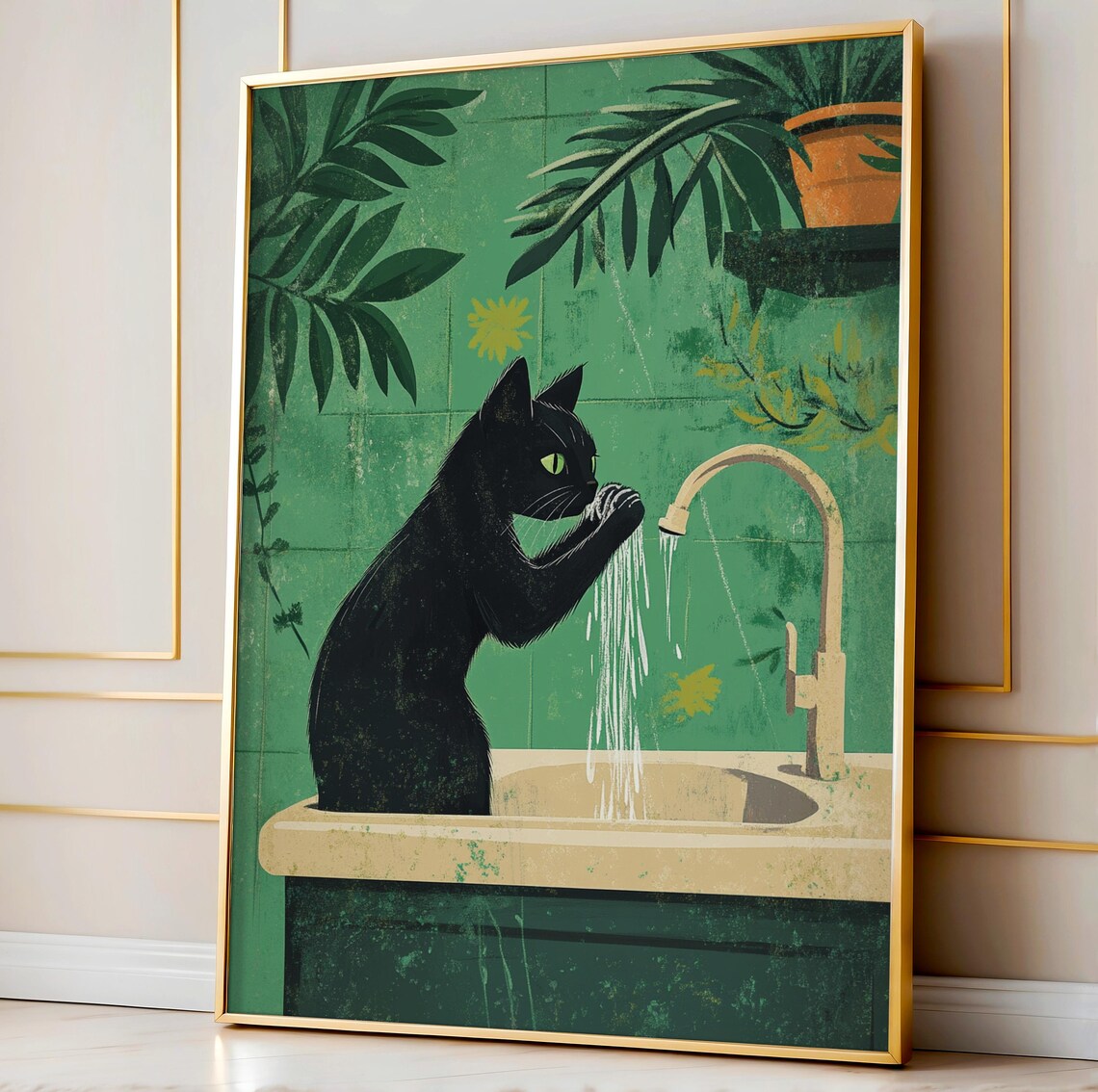 Black Cat Washing Paws in Green Bathroom Funny Cat Art Poster