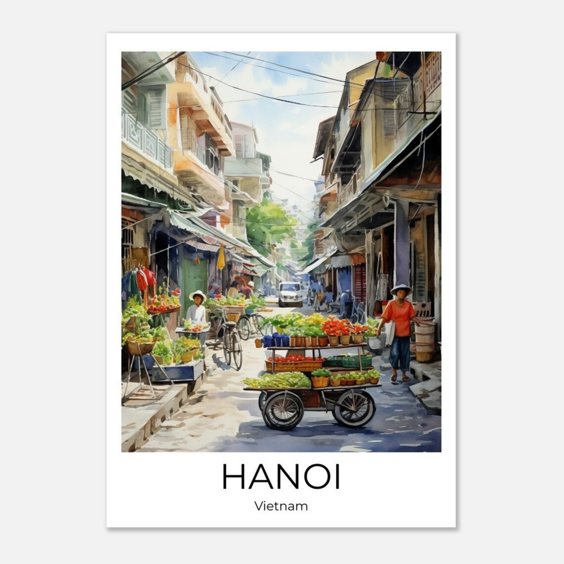 Hanoi Vietnam Old Quarter Flower Market Street Watercolor Poster - Image 4