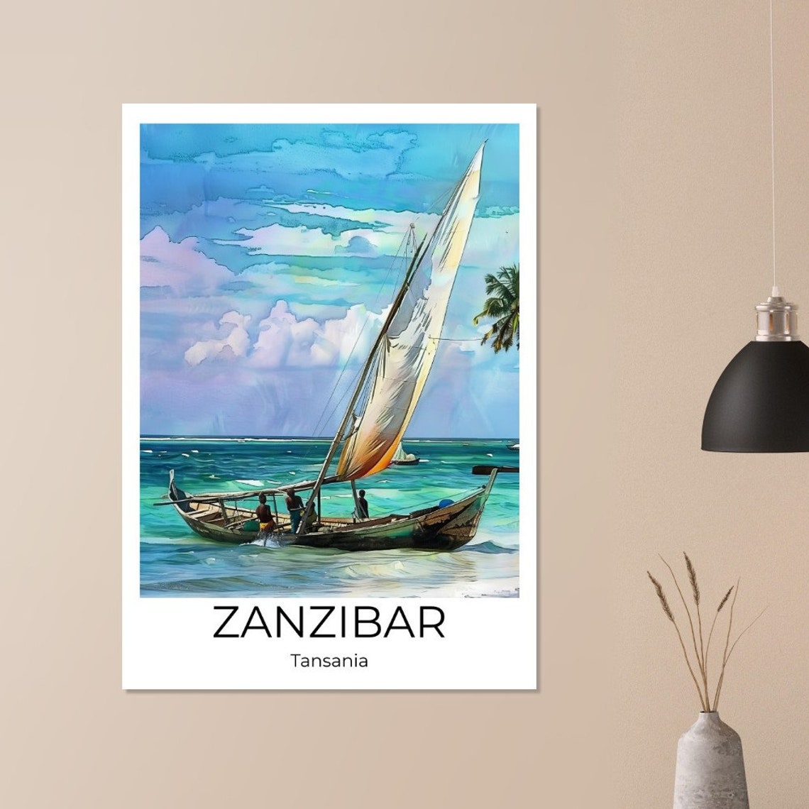 Zanzibar Dhow Sailboat Turquoise Sea Watercolor Sailing Travel Poster - Image 3