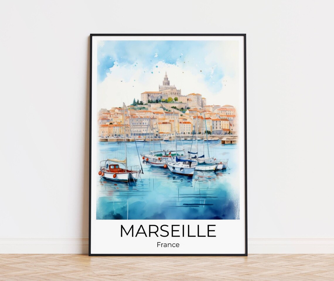 Marseille France Old Port Sailboats Watercolor Harbor Travel Poster