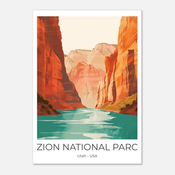 Zion National Park Utah Warm Red Rock Canyon Retro Travel Poster