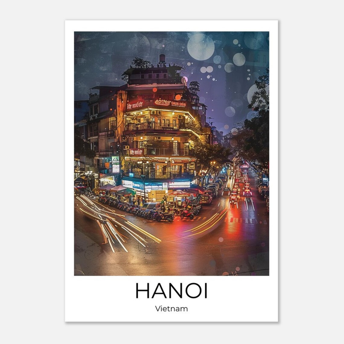 Hanoi Vietnam Night Street Corner Neon Lights Urban Photo Poster
