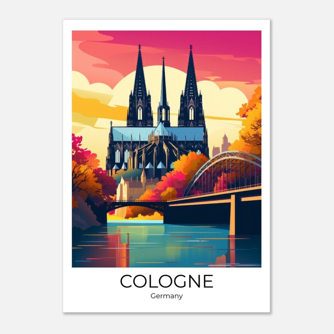 Cologne Cathedral Sunset Rhine River Colorful Germany Travel Poster - Image 4