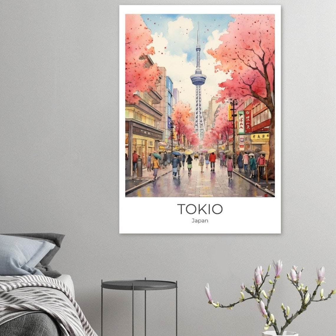 Tokyo Skytree Cherry Blossom Street Rainy Japan Travel Poster - Image 2