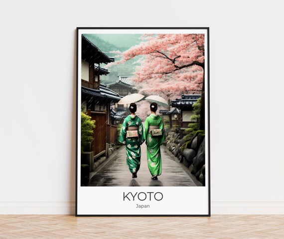 Kyoto Japan Green Kimono Umbrellas Cherry Blossom Street Poster