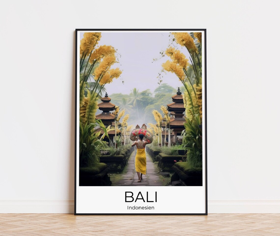 Bali Indonesia Woman Carrying Offerings Temple Pathway Poster