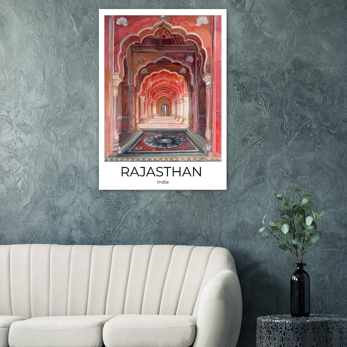 Rajasthan India Red Palace Arched Corridor Watercolor Poster - Image 2