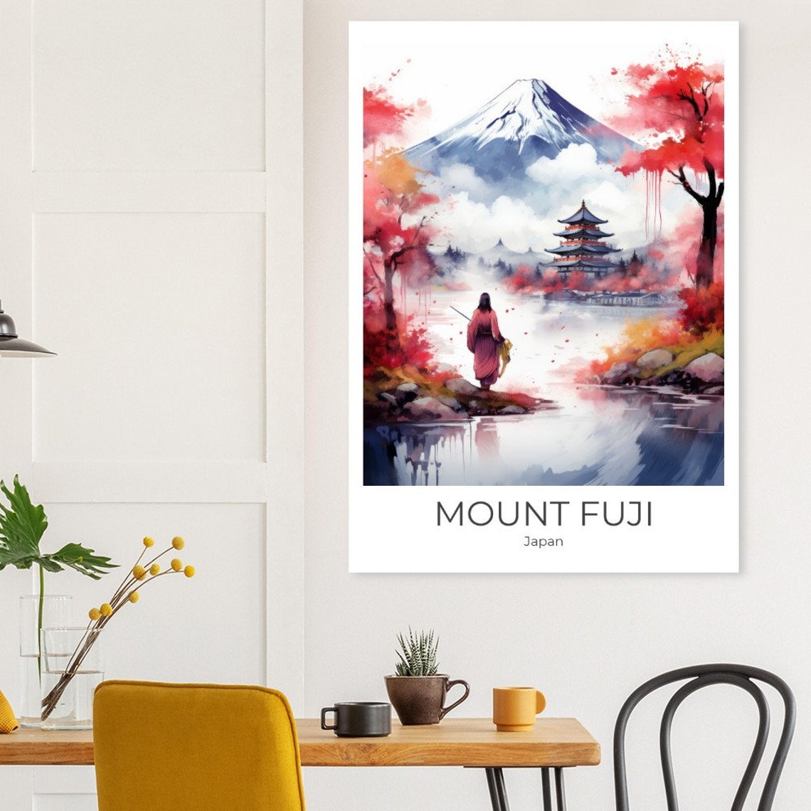 Mount Fuji Japan Pagoda Red Maple Trees Kimono Watercolor Poster - Image 3
