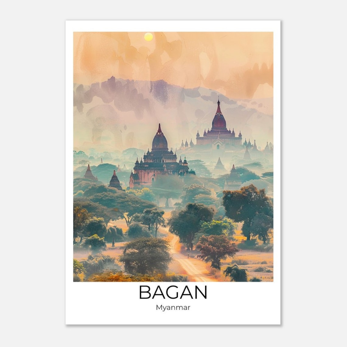 Bagan Myanmar Watercolor Temples Sunrise Golden Light Poster
