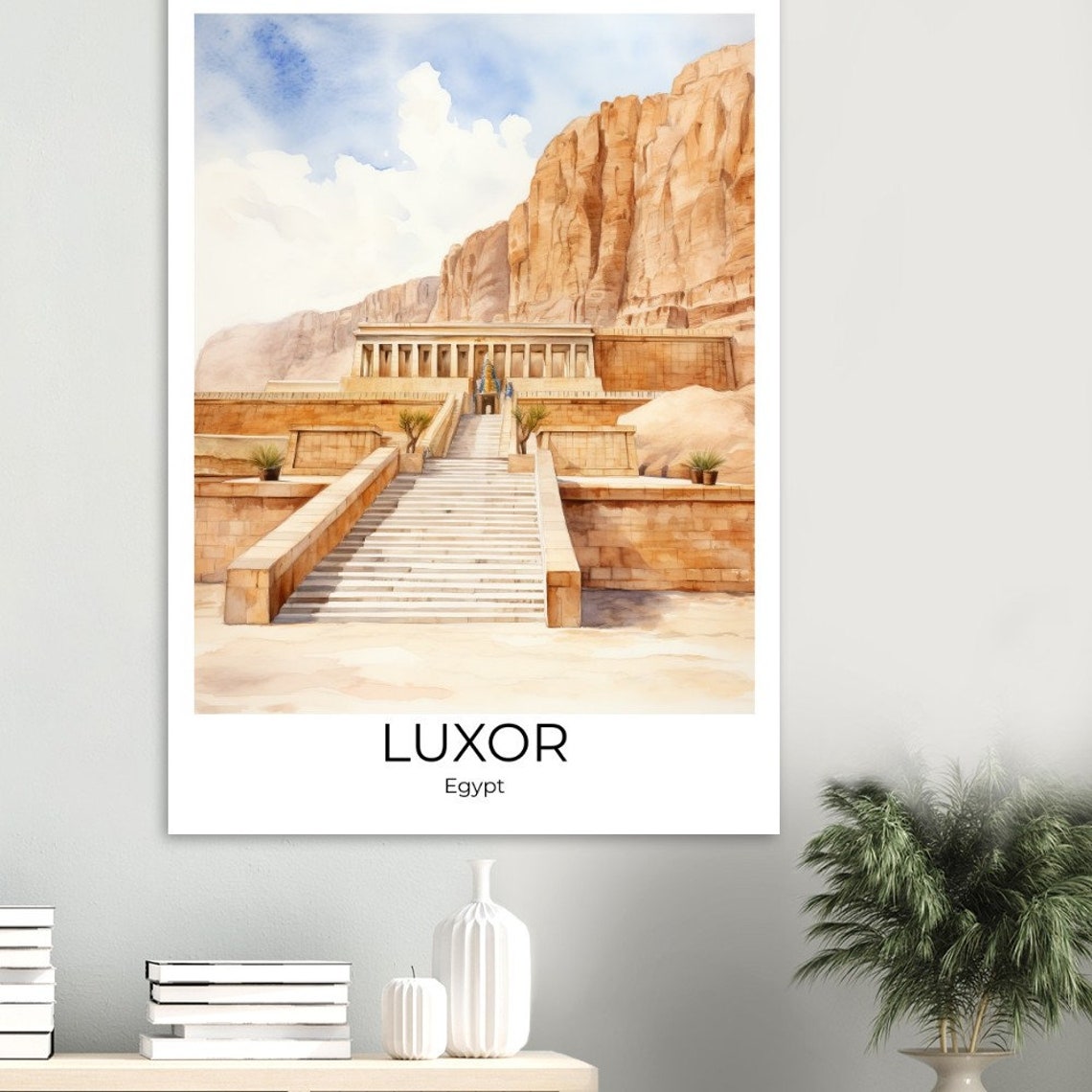 Luxor Egypt Hatshepsut Temple Desert Cliffs Watercolor Travel Poster - Image 2