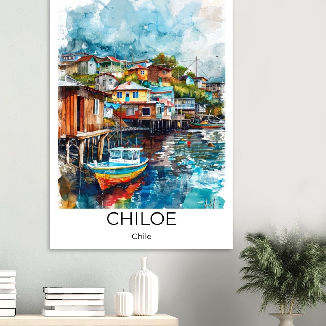 Chiloe Chile Watercolor Stilt Houses Colorful Boat Travel Poster - Image 3