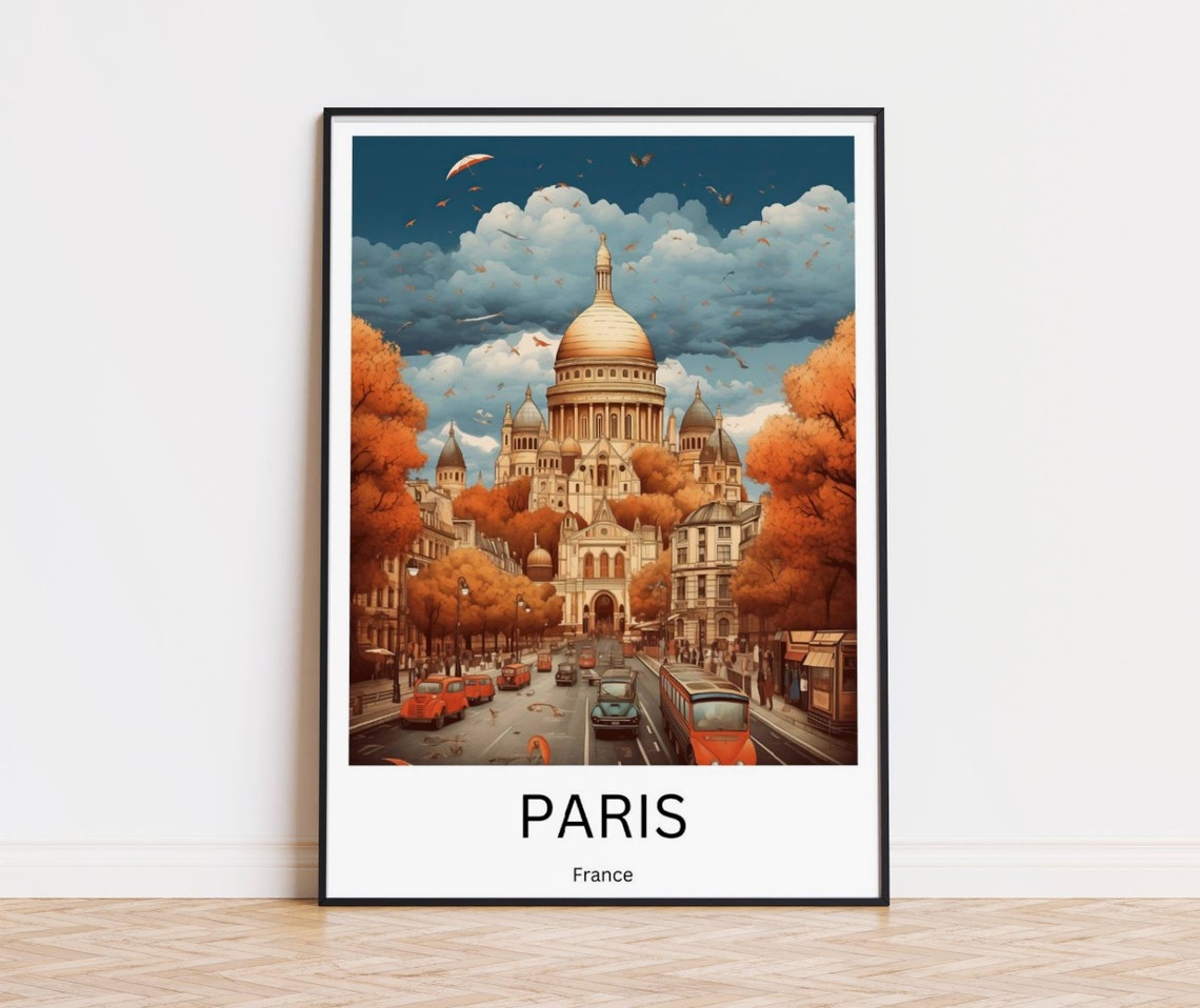 Paris Sacré-Cœur Basilica Autumn Street Scene Illustration Poster