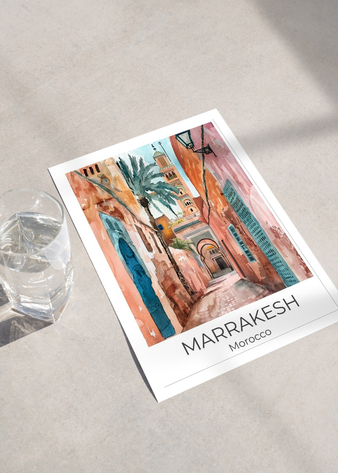 Marrakesh Medina Alley Minaret Watercolor Morocco Travel Poster - Image 3