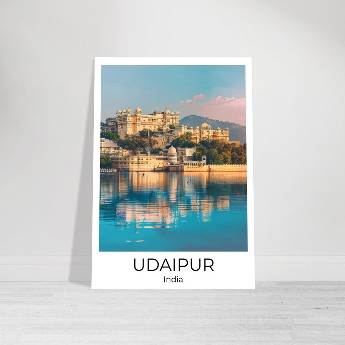 Udaipur India City Palace Lakeside Sunset Reflection Travel Poster