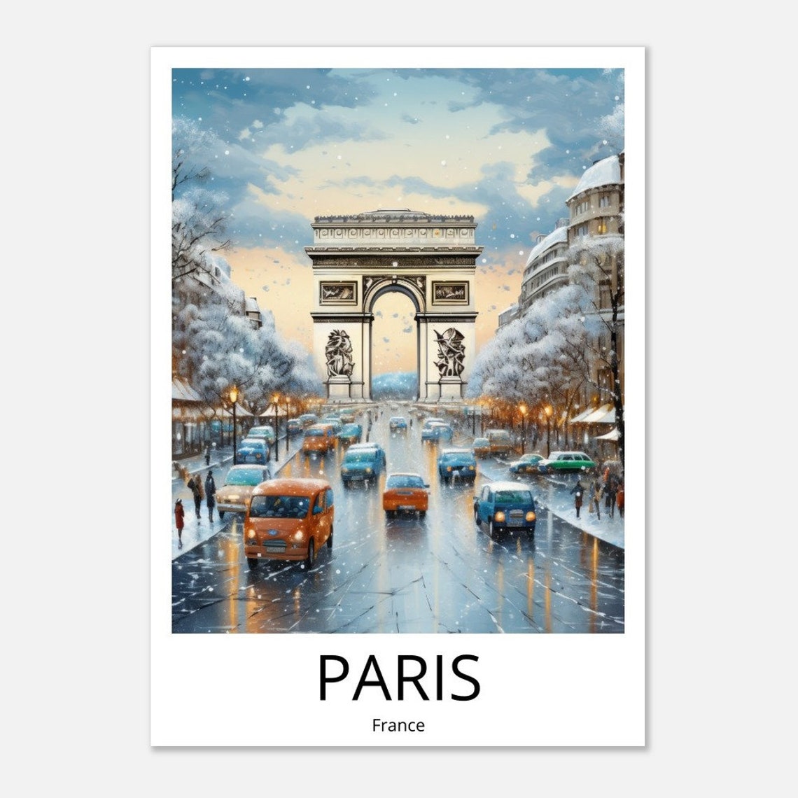 Paris Arc de Triomphe Snowy Champs Elysees Street Illustration Poster - Image 3