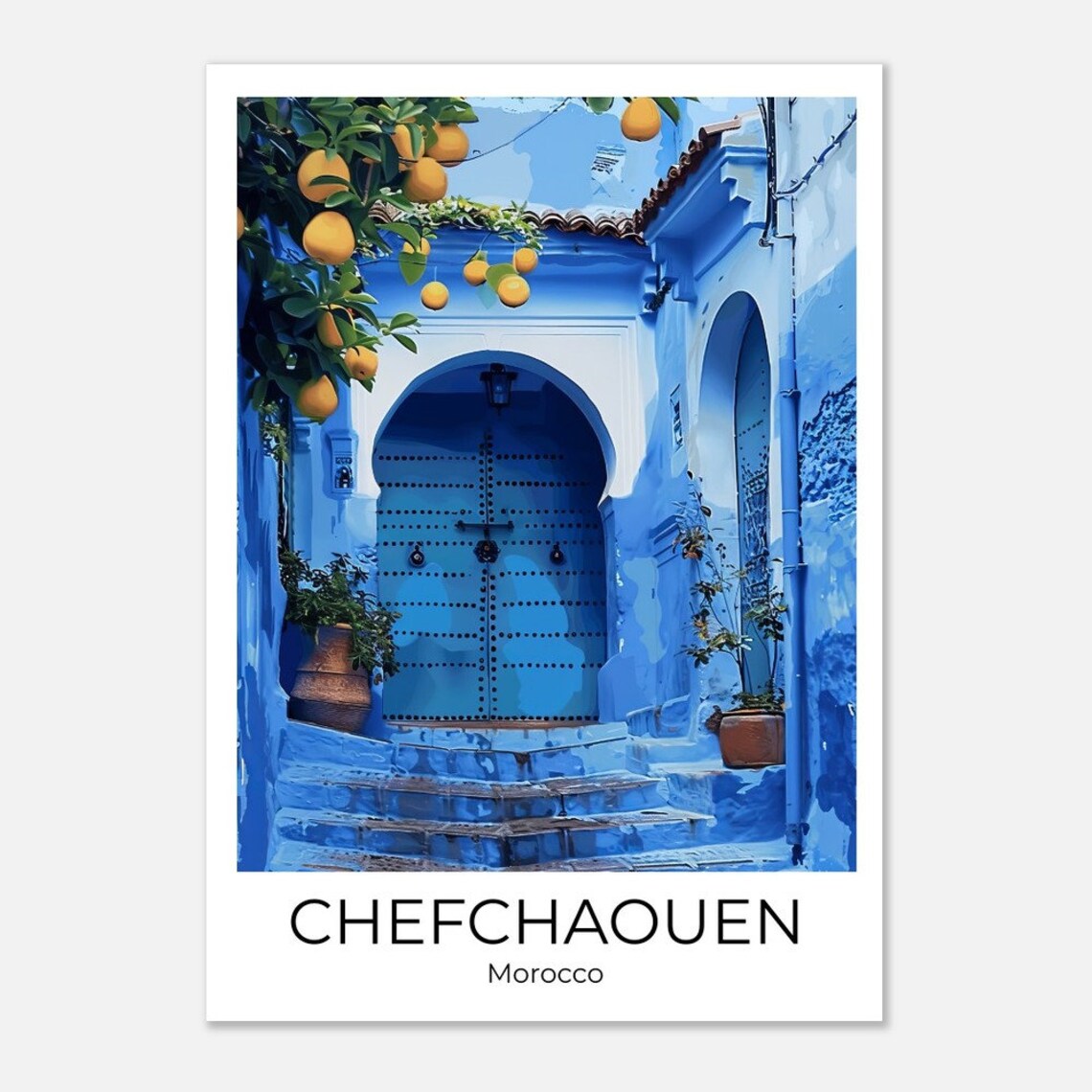 Chefchaouen Morocco Travel Poster Blue City Door Lemon Tree Scene Art