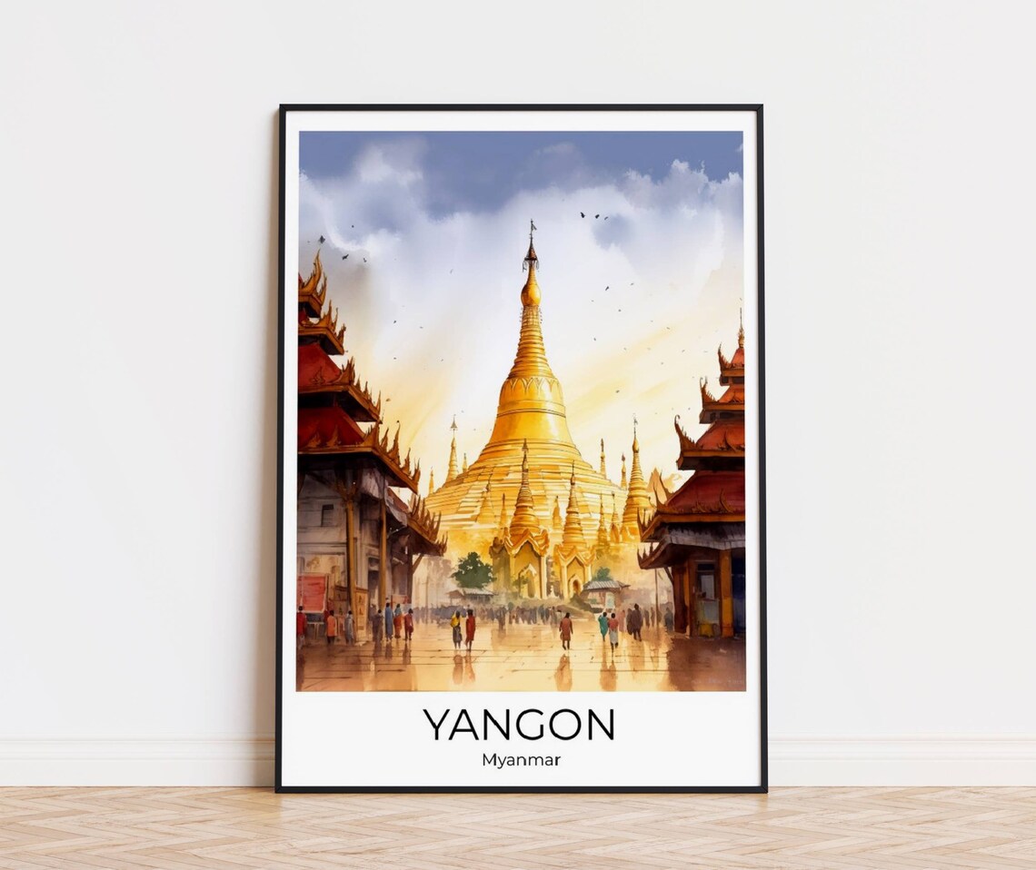 Yangon Shwedagon Pagoda Golden Stupa Pilgrims Watercolor Travel Poster