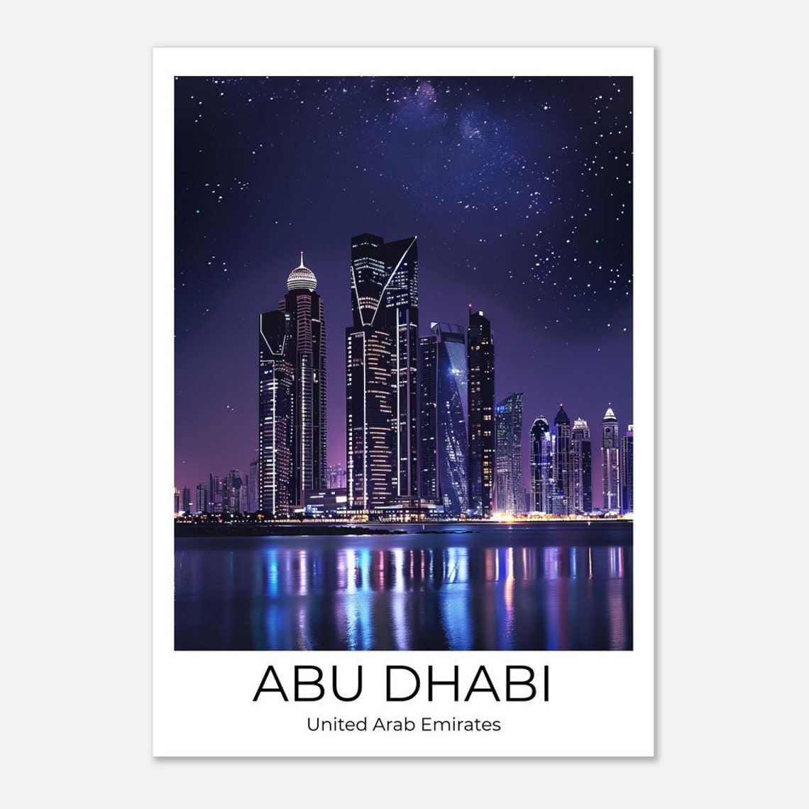 Abu Dhabi Night Skyline Under a Starry Sky Travel Art Poster