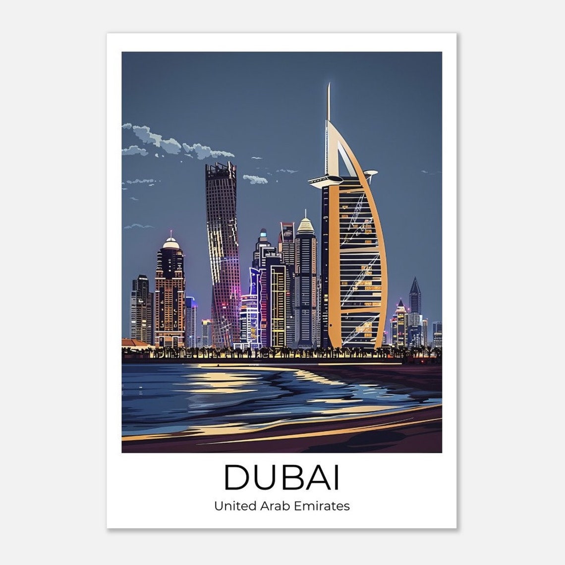 Dubai Marina Night Skyline with Burj Al Arab Illustrated Poster