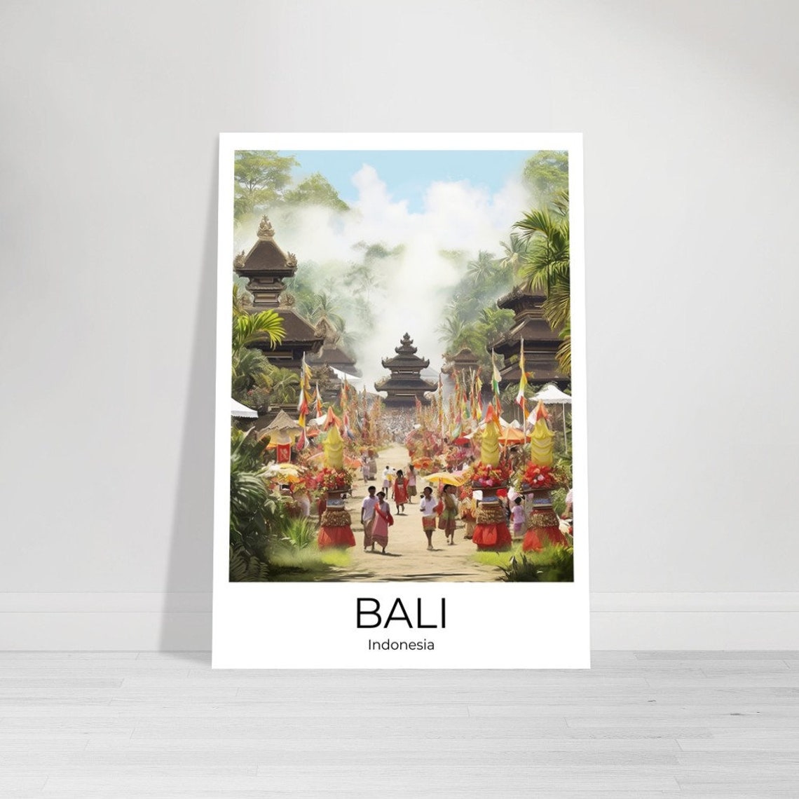 Bali Indonesia Temple Festival Ceremony Procession Travel Poster