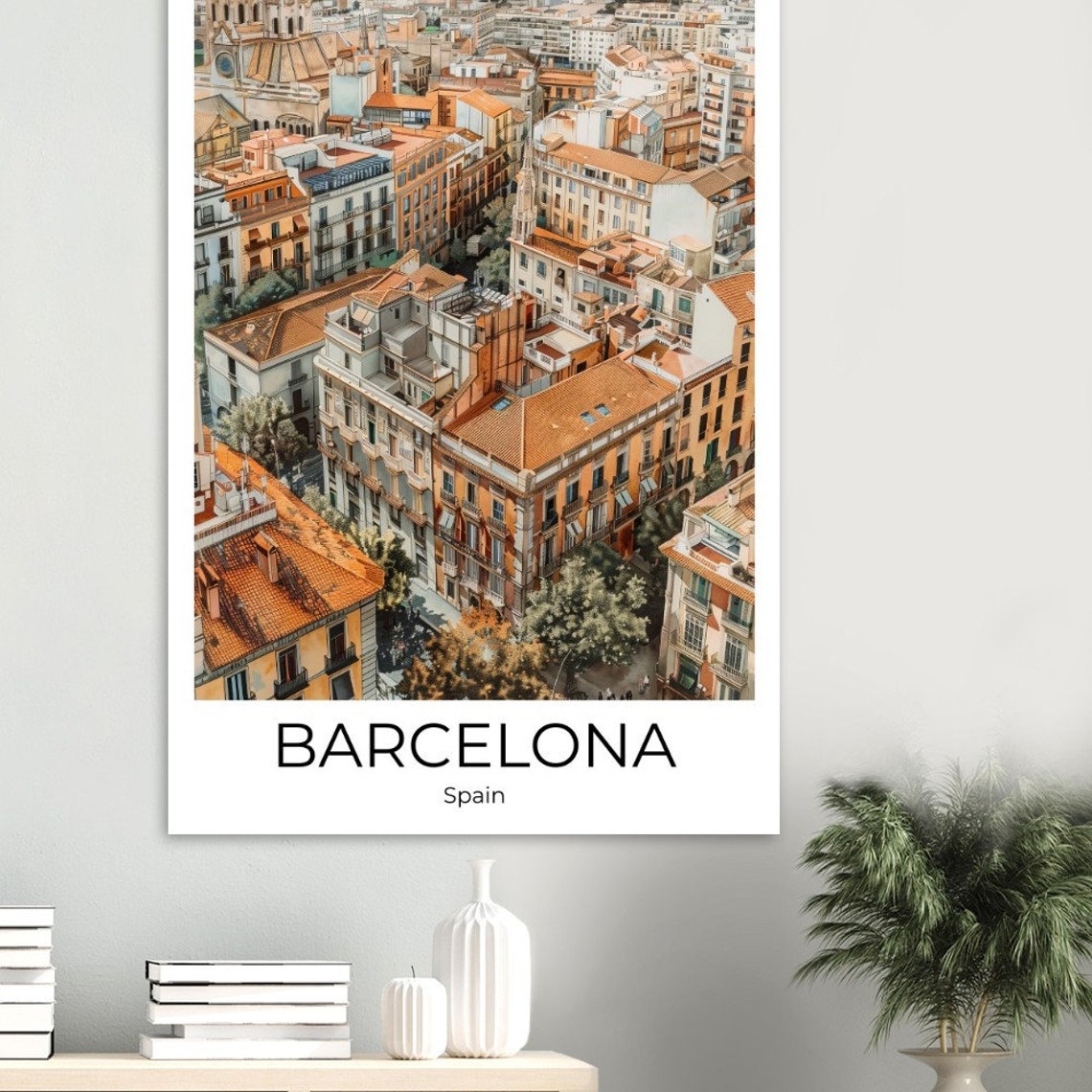 Barcelona Spain Aerial Rooftop View Old Town Watercolor Poster - Image 4