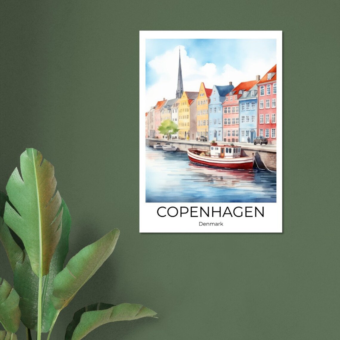 Copenhagen Denmark Watercolor Harbor Boat Cityscape Travel Poster - Image 4