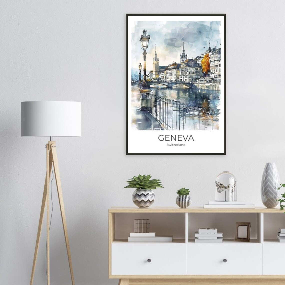 Geneva Switzerland Riverside Bridge Old Town Watercolor Travel Poster - Image 4