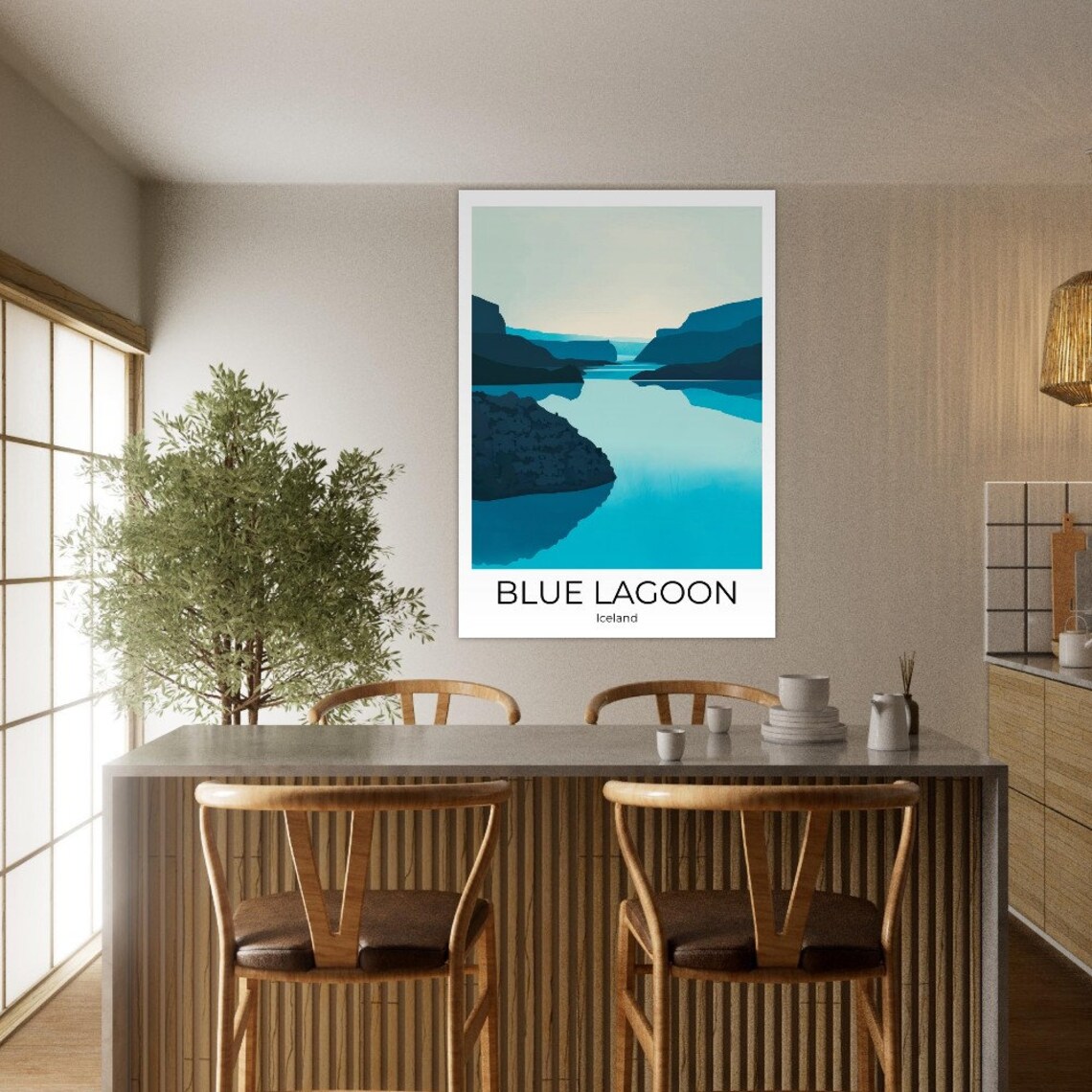 Blue Lagoon Iceland Minimalist Blue Fjord Landscape Travel Poster - Image 3