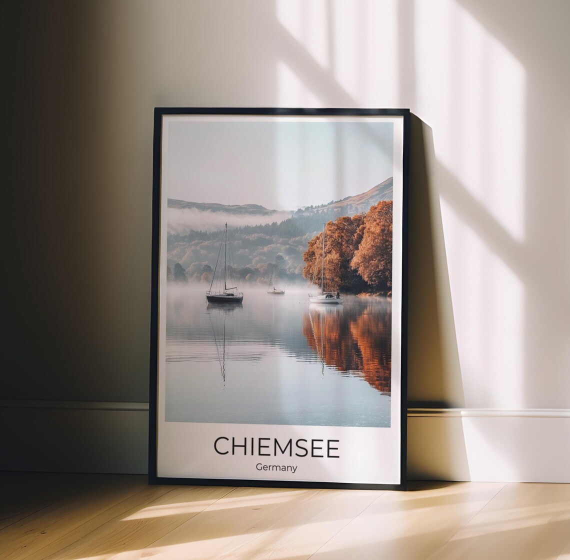 Chiemsee Misty Lake with Sailboats Autumn Germany Travel Poster - Image 4