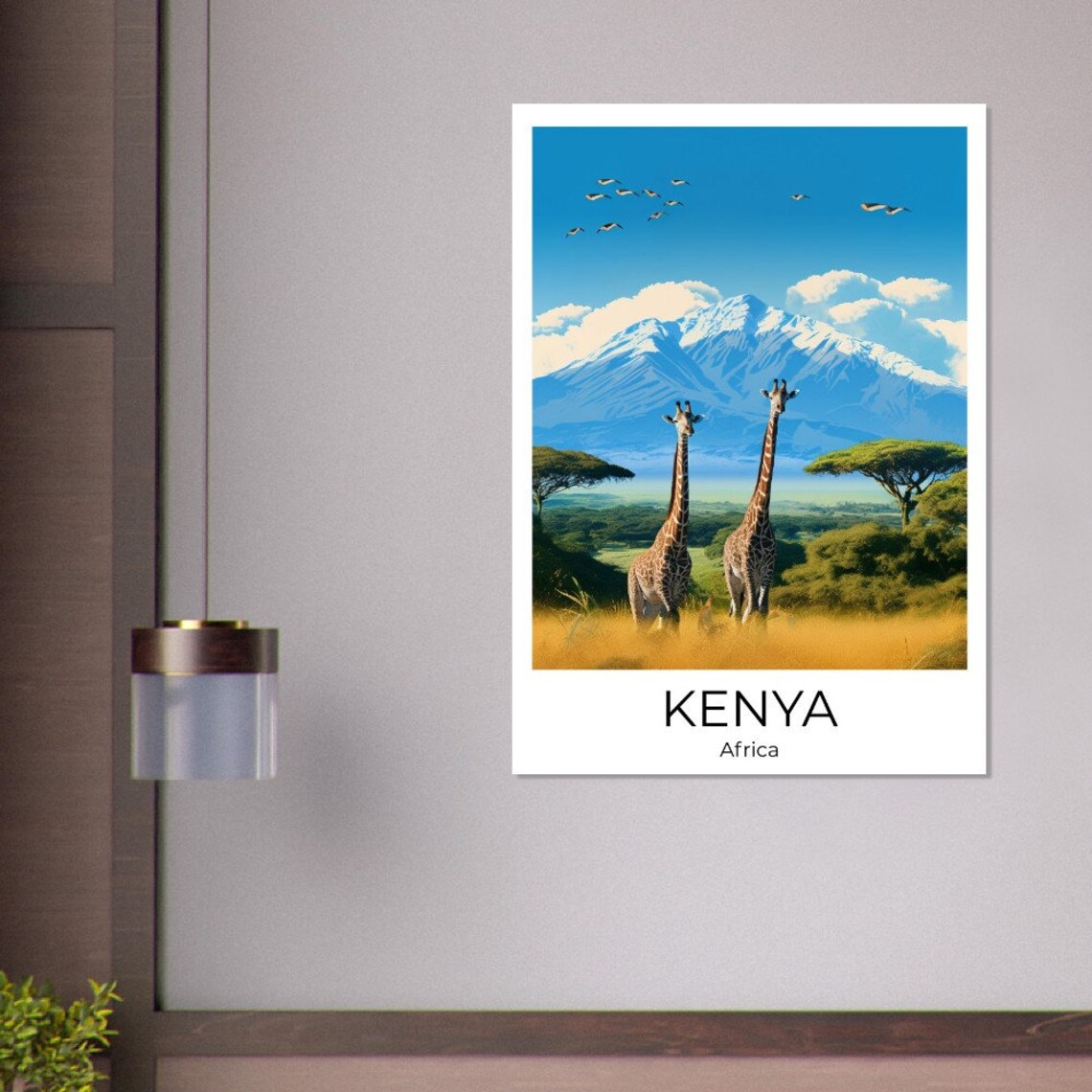 Kenya Africa Two Giraffes on Golden Savanna With Mountain Poster - Image 4