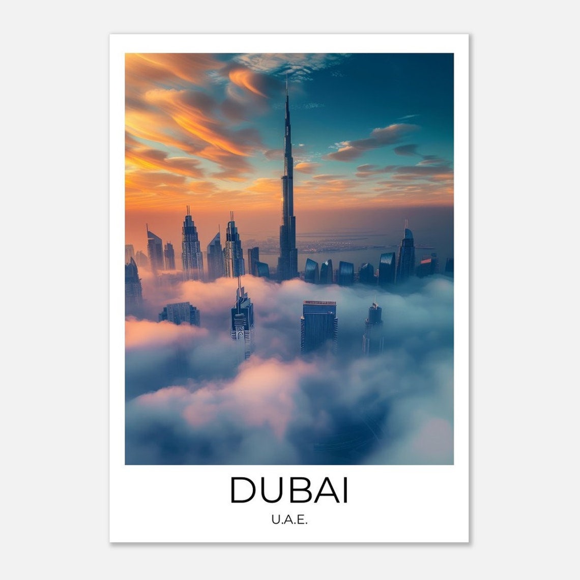 Dubai UAE Burj Khalifa Clouds Sunset Skyline Photo Travel Poster