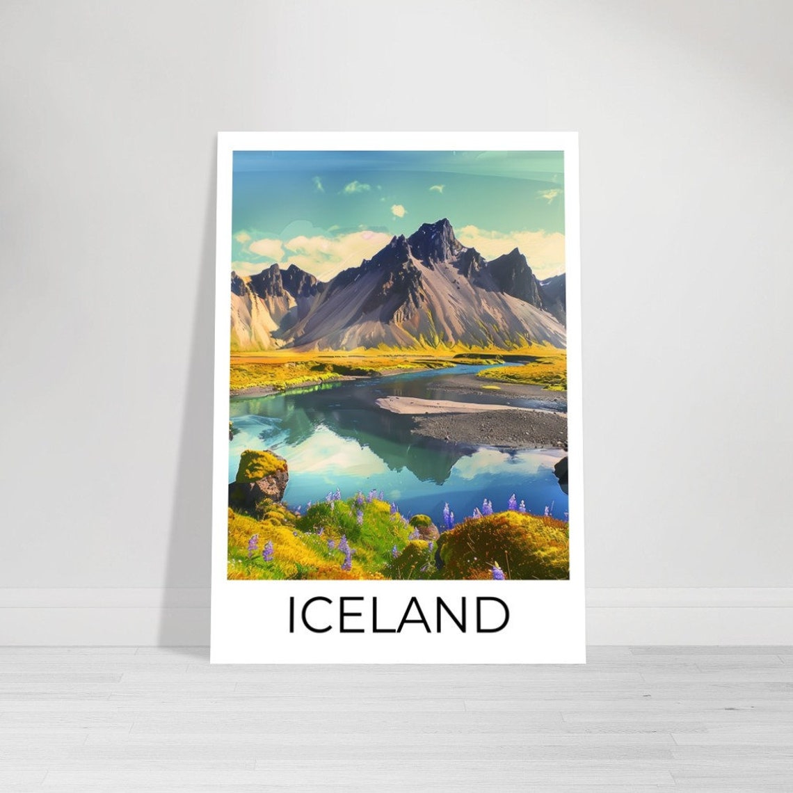 Iceland Summer Rugged Mountain Mirror Lake Wildflower Travel Poster