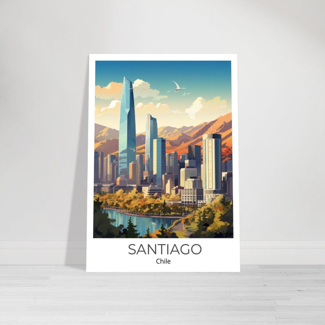 Santiago Chile Skyline Andes Mountains Illustrated Travel Poster