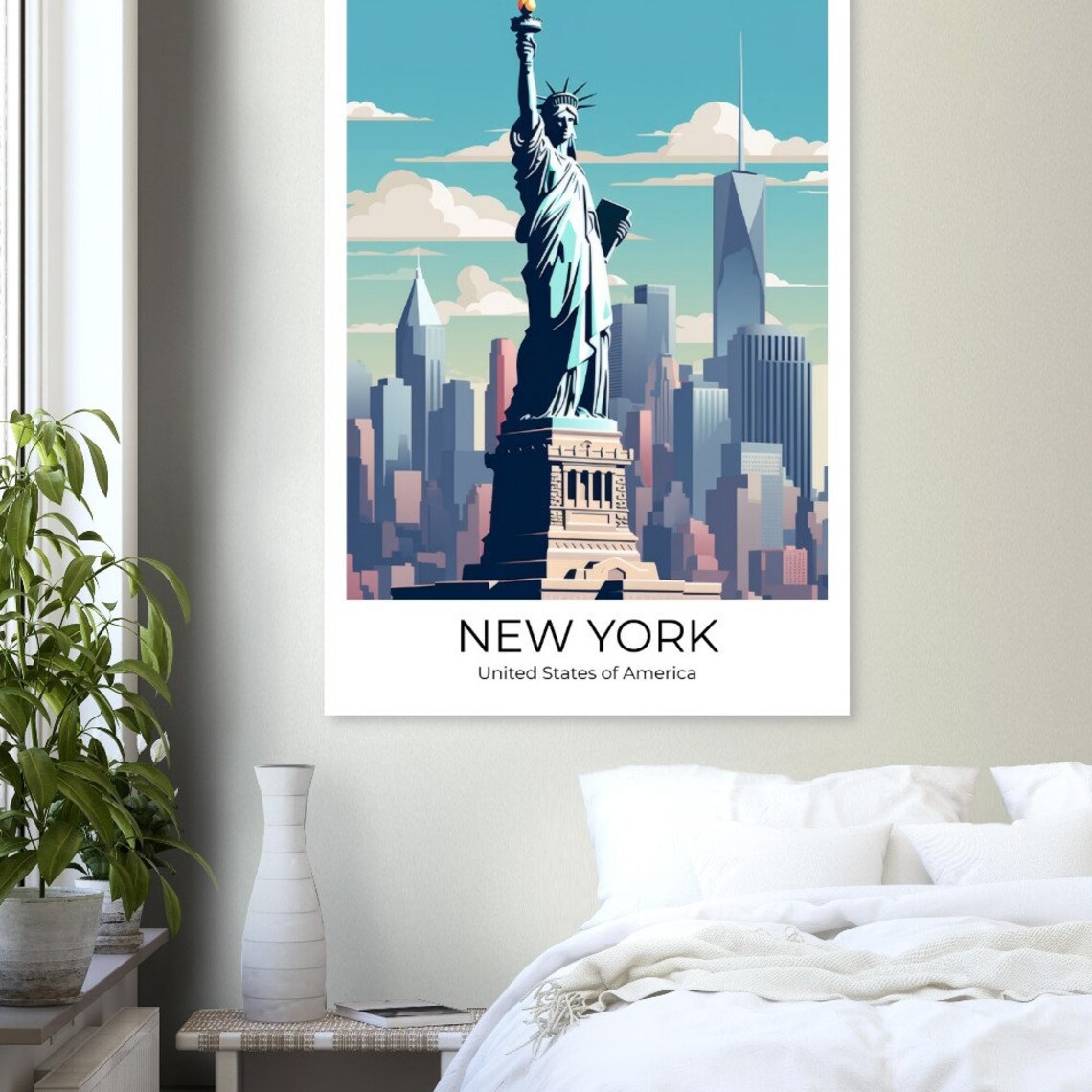 New York Statue Of Liberty Manhattan Skyline Day Travel Poster - Image 2