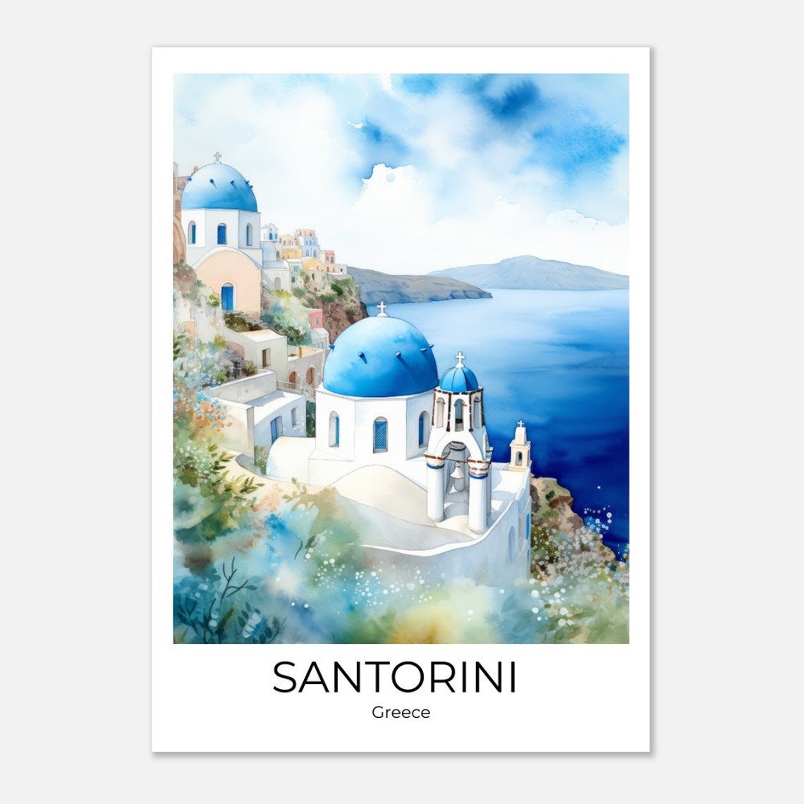 Santorini Greece Blue Domes Cliff Sea View Watercolor Travel Poster - Image 4