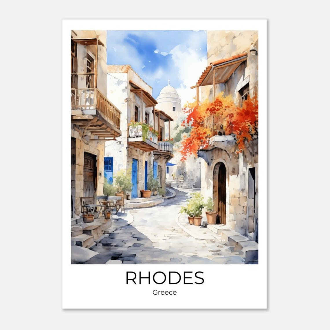 Rhodes Greece Old Town Cobblestone Street Watercolor Travel Poster