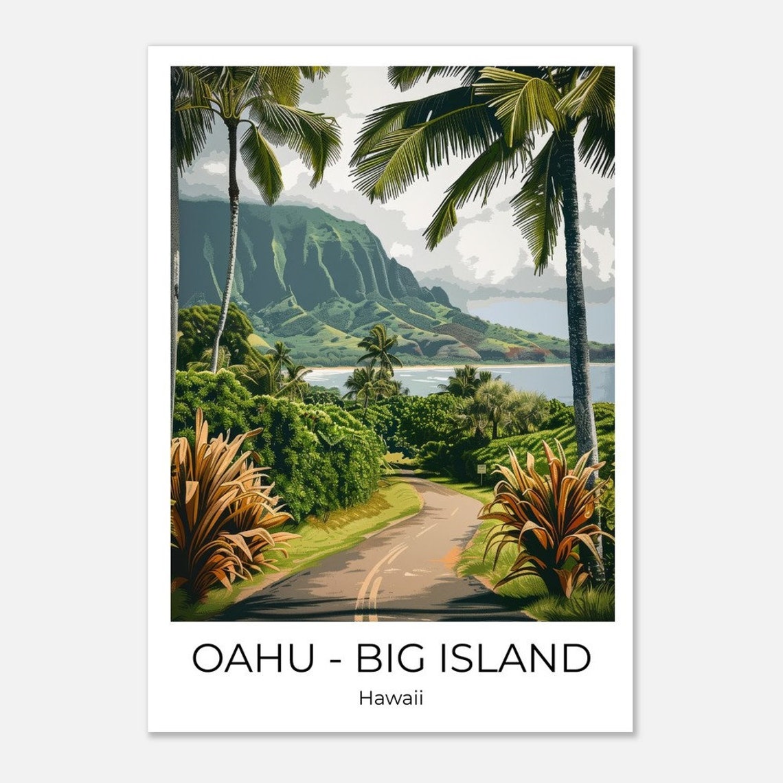 Oahu Big Island Hawaii Palm Lined Coastal Road Cliffs Travel Poster - Image 3