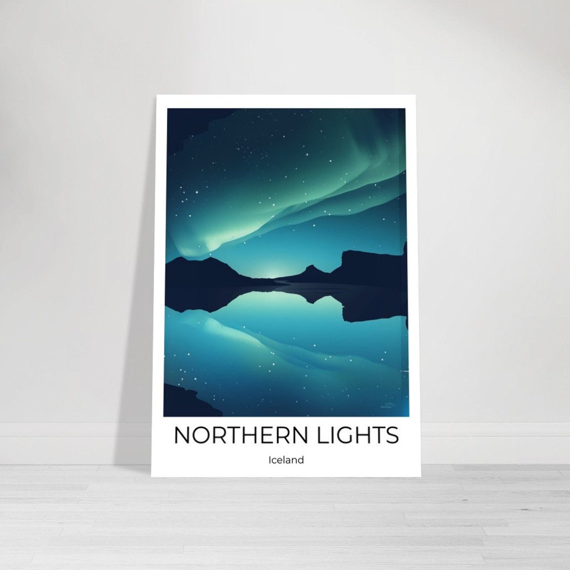 Northern Lights Iceland Green Aurora Fjord Reflection Night Poster