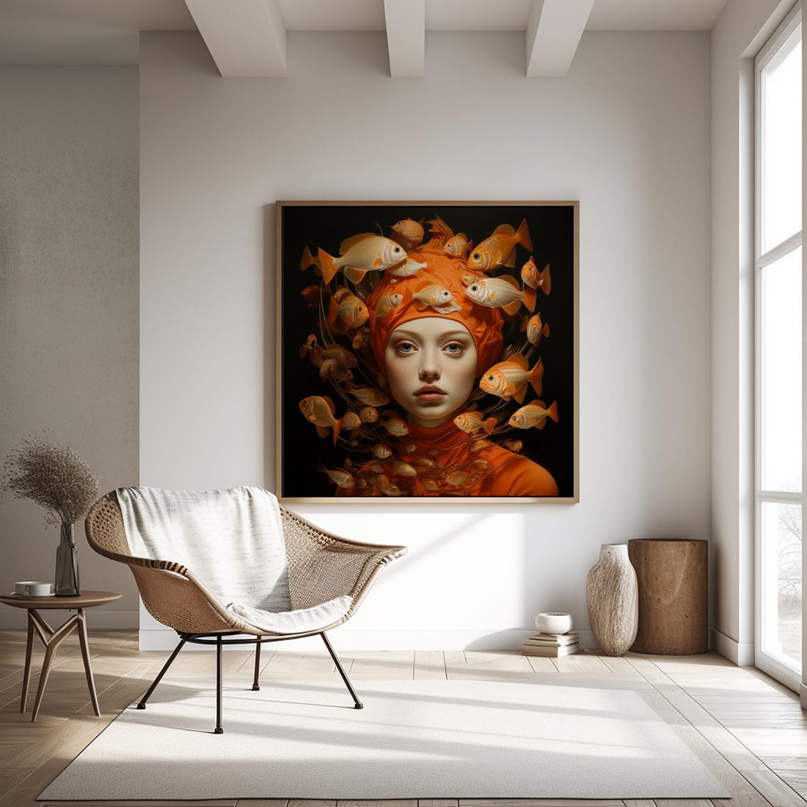 Surreal Orange Fish Portrait Wall Art Woman Swirl Dark Fantasy - Image 2