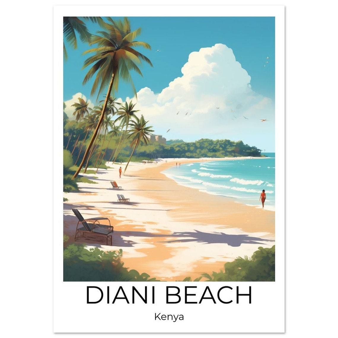 Diani Beach Kenya Palm Framed Shoreline and Sun Loungers Poster - Image 4