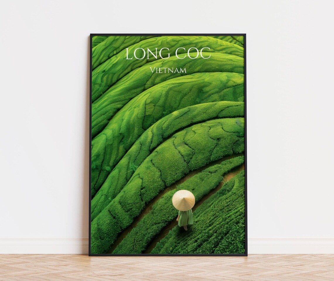 Long Coc Vietnam Terraced Tea Hills Aerial Green Waves Travel Poster
