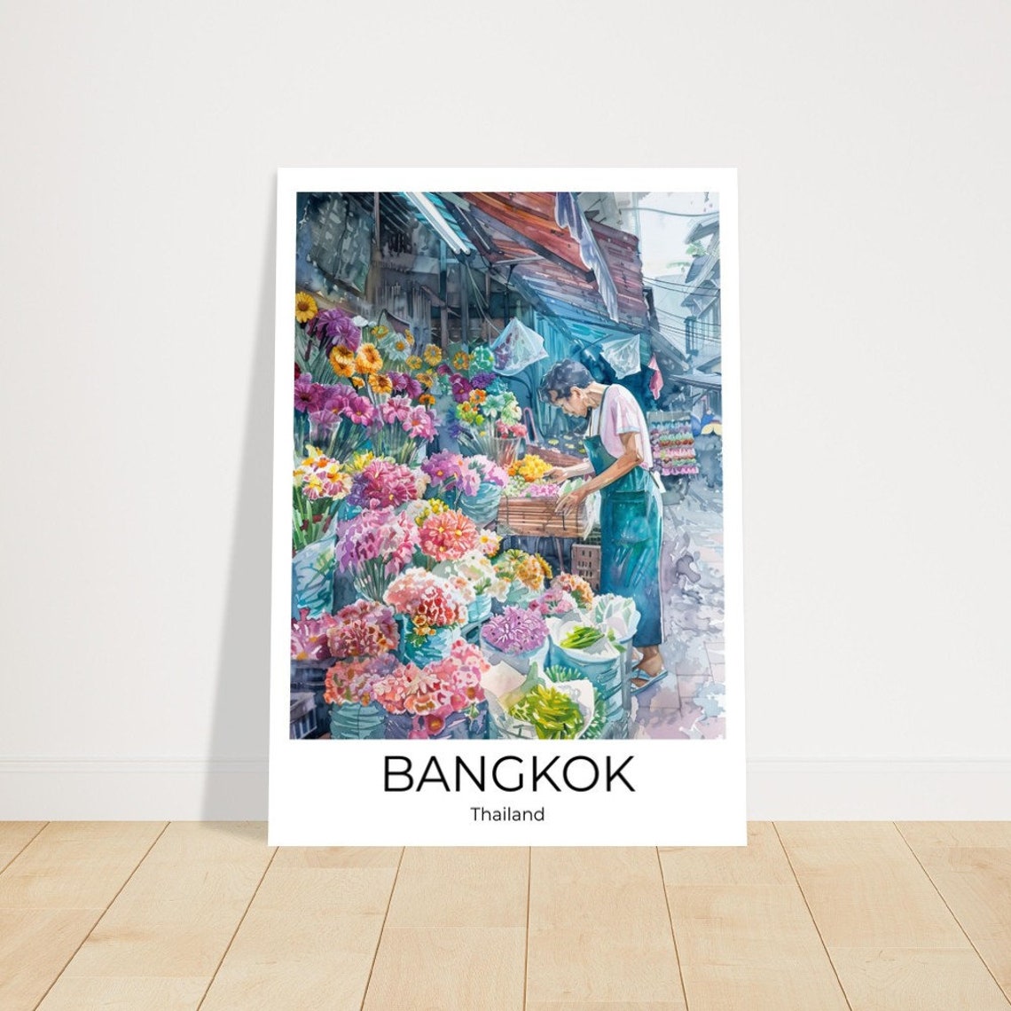 Bangkok Flower Market Watercolor Travel Poster Of Flower Market Of Bangkok Wall Art Bangkok Travel Thailand Bangkok Wall Decoration - Image 3