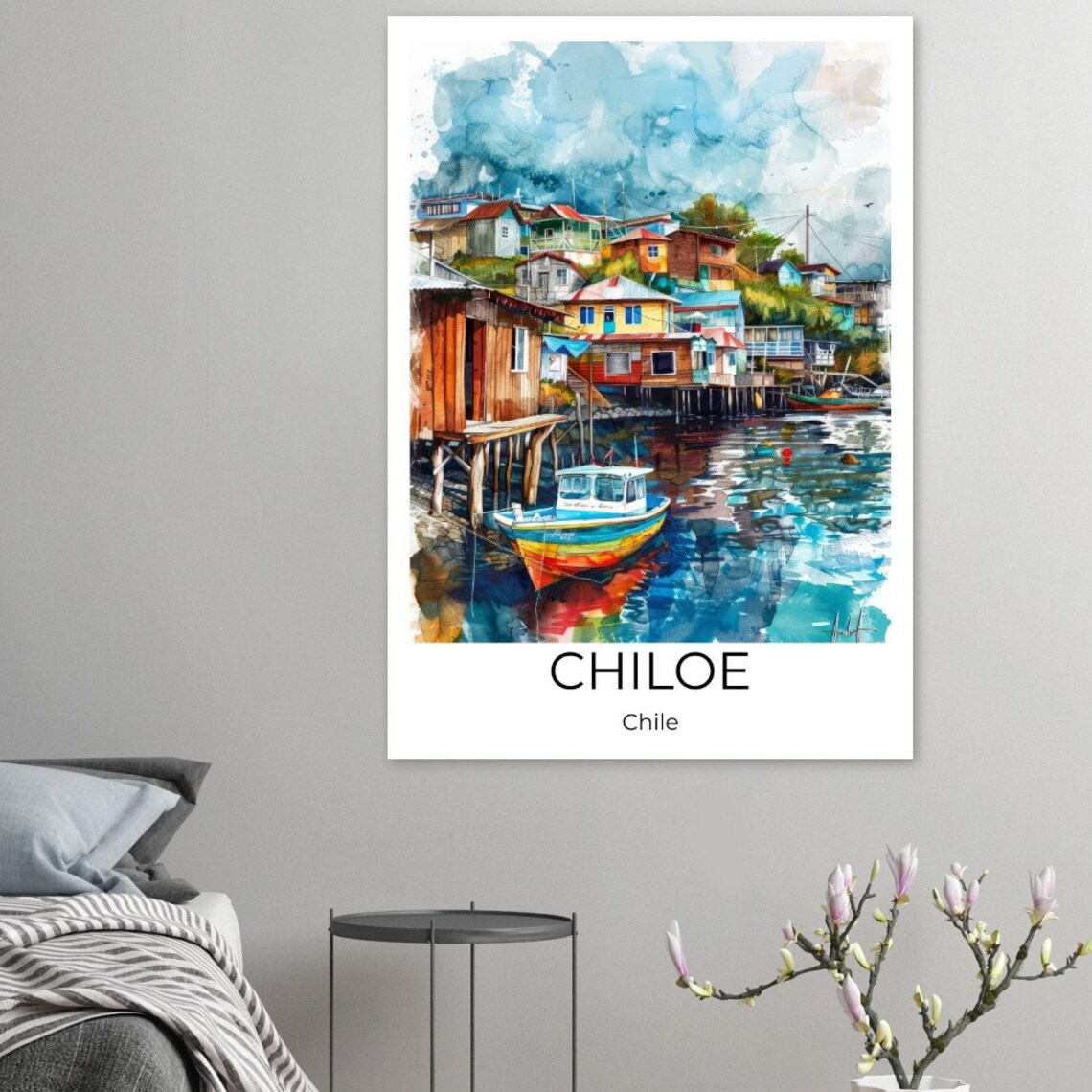 Chiloe Chile Watercolor Stilt Houses Colorful Boat Travel Poster - Image 4