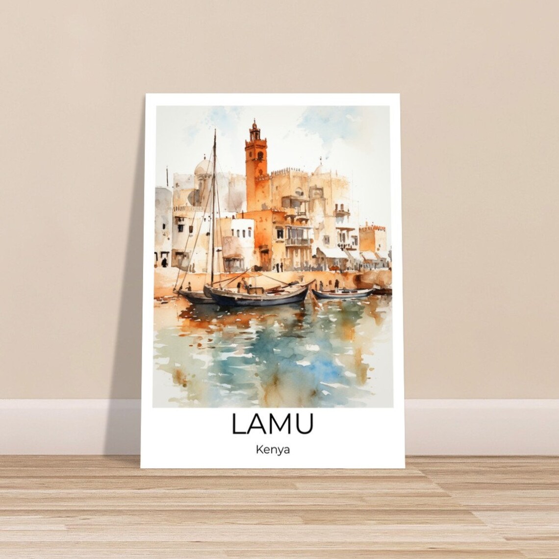 Lamu Kenya Old Town Dhow Boats Harbor Watercolor Africa Travel Poster