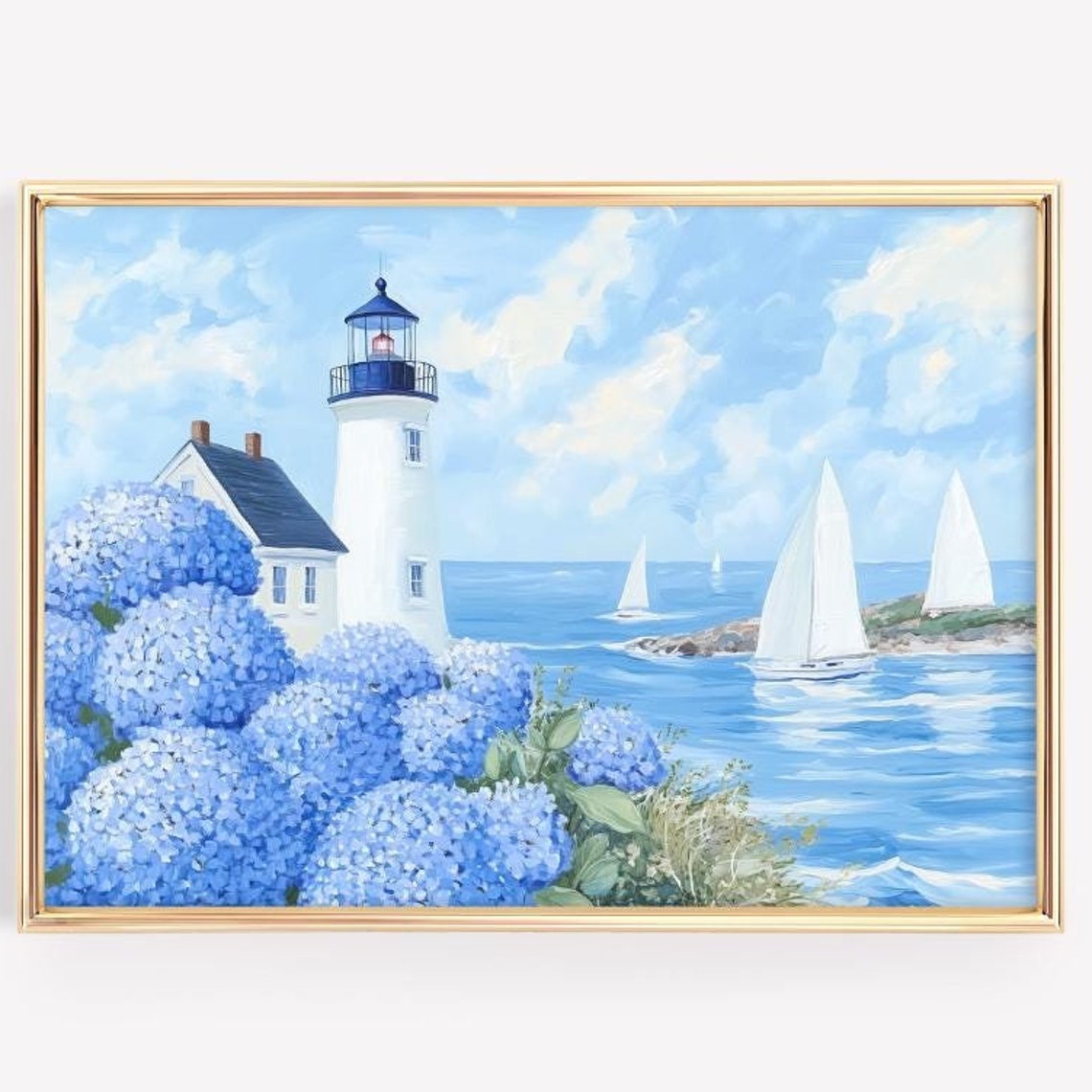 Lighthouse Sailboats Blue Hydrangeas Coastal Seaside Art Poster